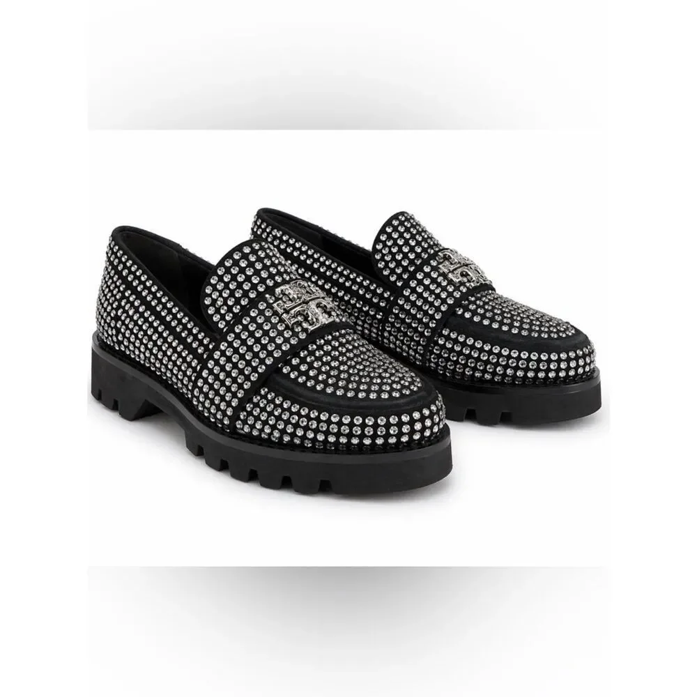Tory Burch Mini Everly Black Crystal Studded Lug Platform Loafers